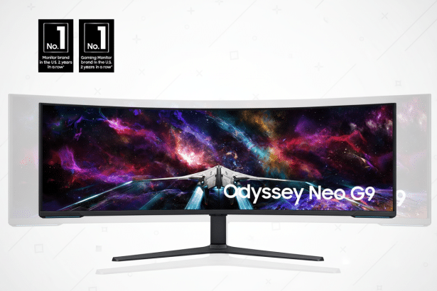 A professional shot of the Samsung Odyssey Neo G9 curved gaming monitor, set against a clean , flat design background with subtle geometric patterns. The monitor displays a vibrant space scene, with two No. 1 badges positioned above it, indicating its top market position.