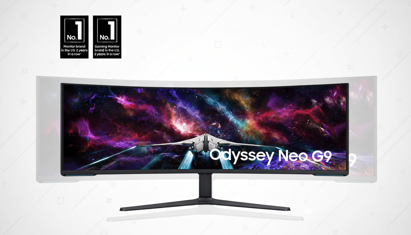 A professional shot of the Samsung Odyssey Neo G9 curved gaming monitor, set against a clean , flat design background with subtle geometric patterns. The monitor displays a vibrant space scene, with two No. 1 badges positioned above it, indicating its top market position.