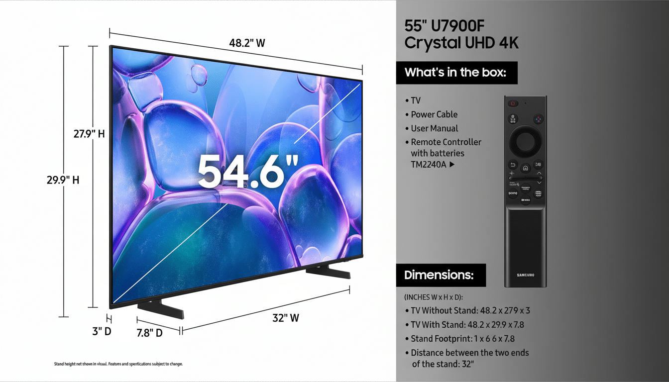 A 16: 9 aspect ratio image of a Samsung 5 5 U7 900F Crystal UHD 4 K TV, showcasing its dimensions and a list of included items like the TV, power cabl