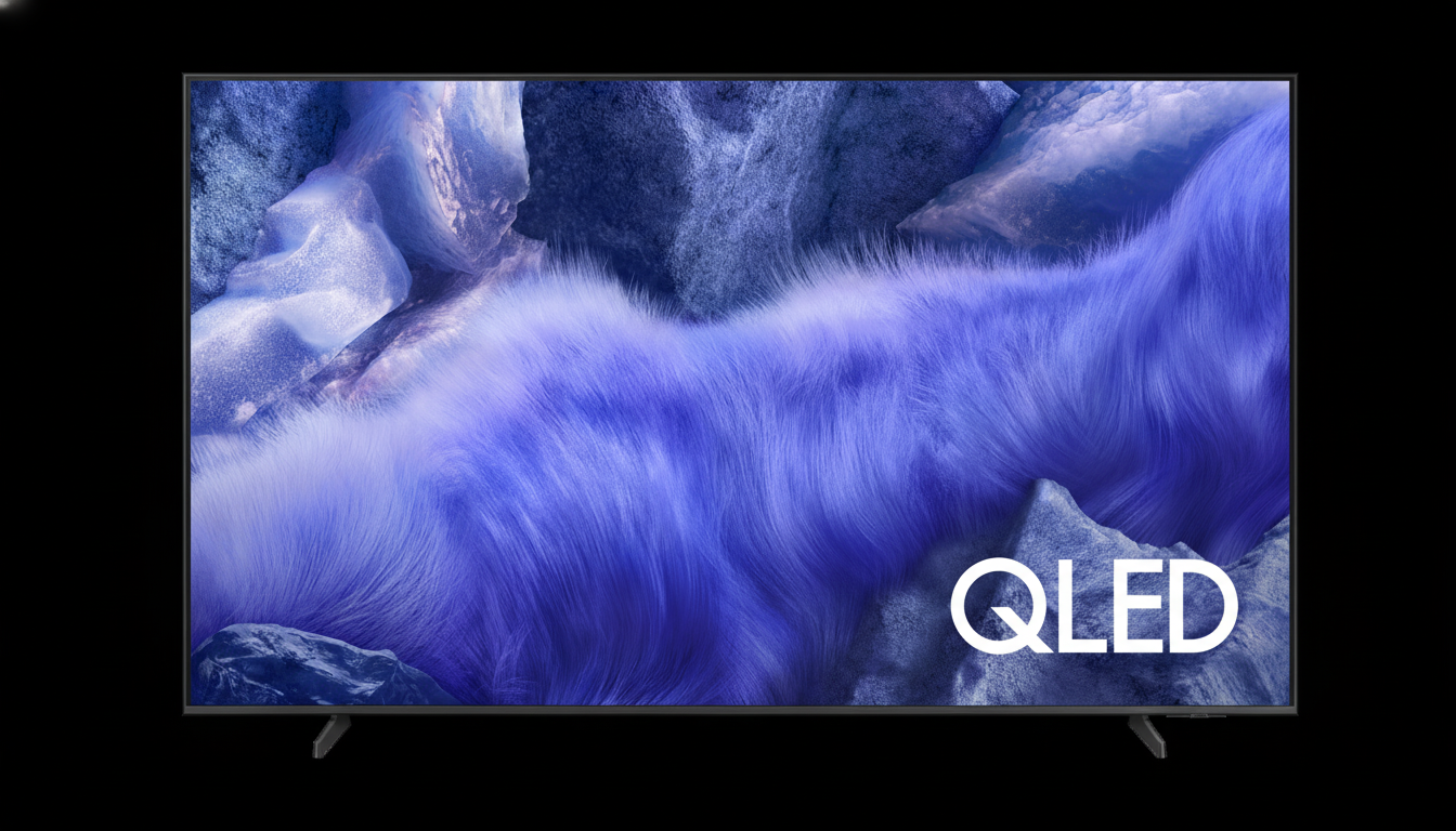 A QLED television displaying a vibrant purple and blue abstract image, set against a black background.