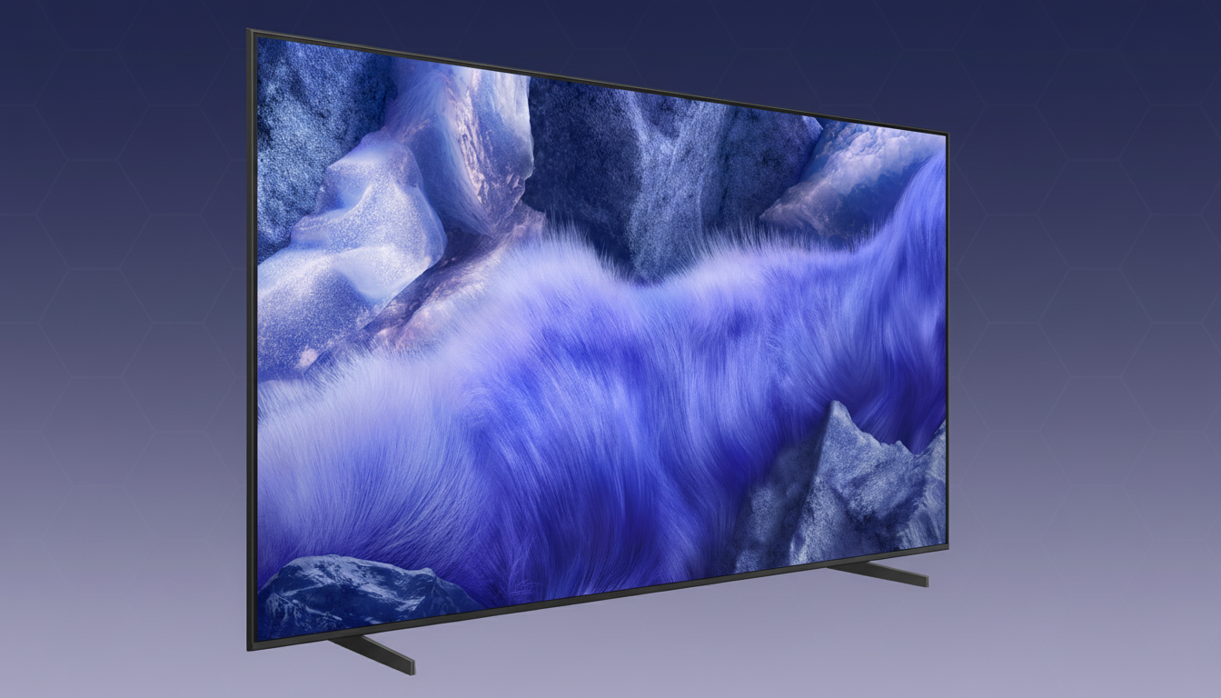 A modern television displaying a vibrant purple and blue abstract image, set against a professional flat design background with a subtle hexagonal pattern.