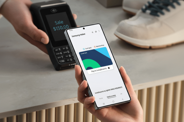 A person holding a Samsung phone displaying the Samsung Wallet app with a credit card graphic , next to a point -of-sale terminal showing a $ 150 sale .