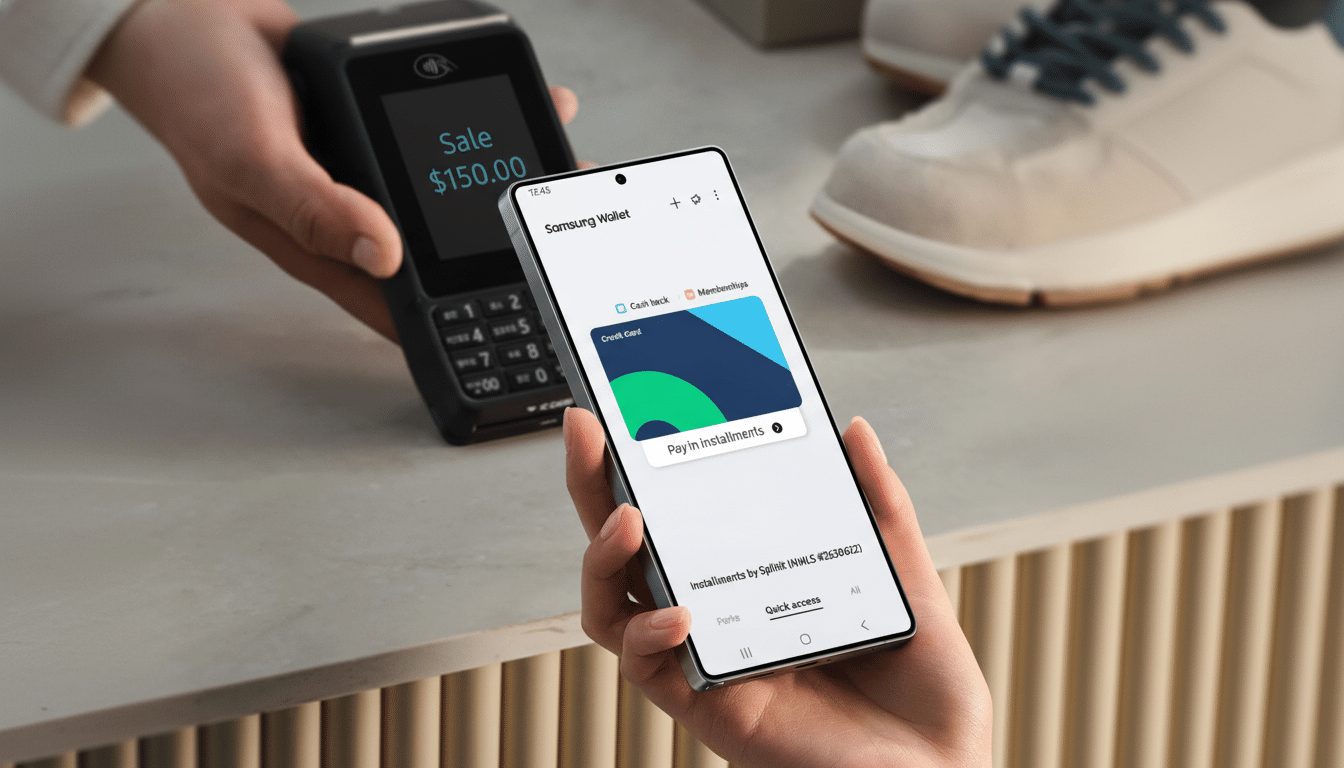 A person holding a Samsung phone displaying the Samsung Wallet app with a credit card graphic , next to a point -of-sale terminal showing a $ 150 sale .