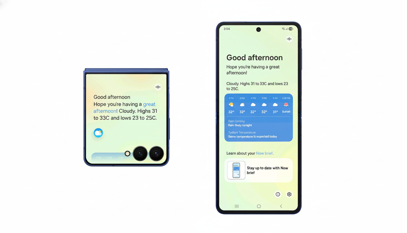 A blue foldable smartphone displaying a weather app on its cover screen and a larger, unfolded smartphone showing the same weather app in full screen.