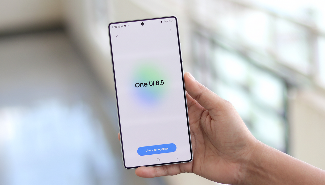 A hand holding a smartphone displaying One UI 8.5 and a Check for updates button, with a blurred background.