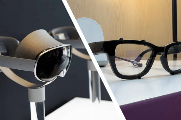 A professional split image showcasing a gray VR headset on the left and a pair of black smart glasses on the right, both presented on stands in a studio setting. Filename : vrhead setsmart glassessplit . png