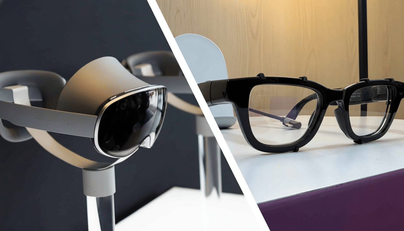 A professional split image showcasing a gray VR headset on the left and a pair of black smart glasses on the right, both presented on stands in a studio setting. Filename : vrhead setsmart glassessplit . png