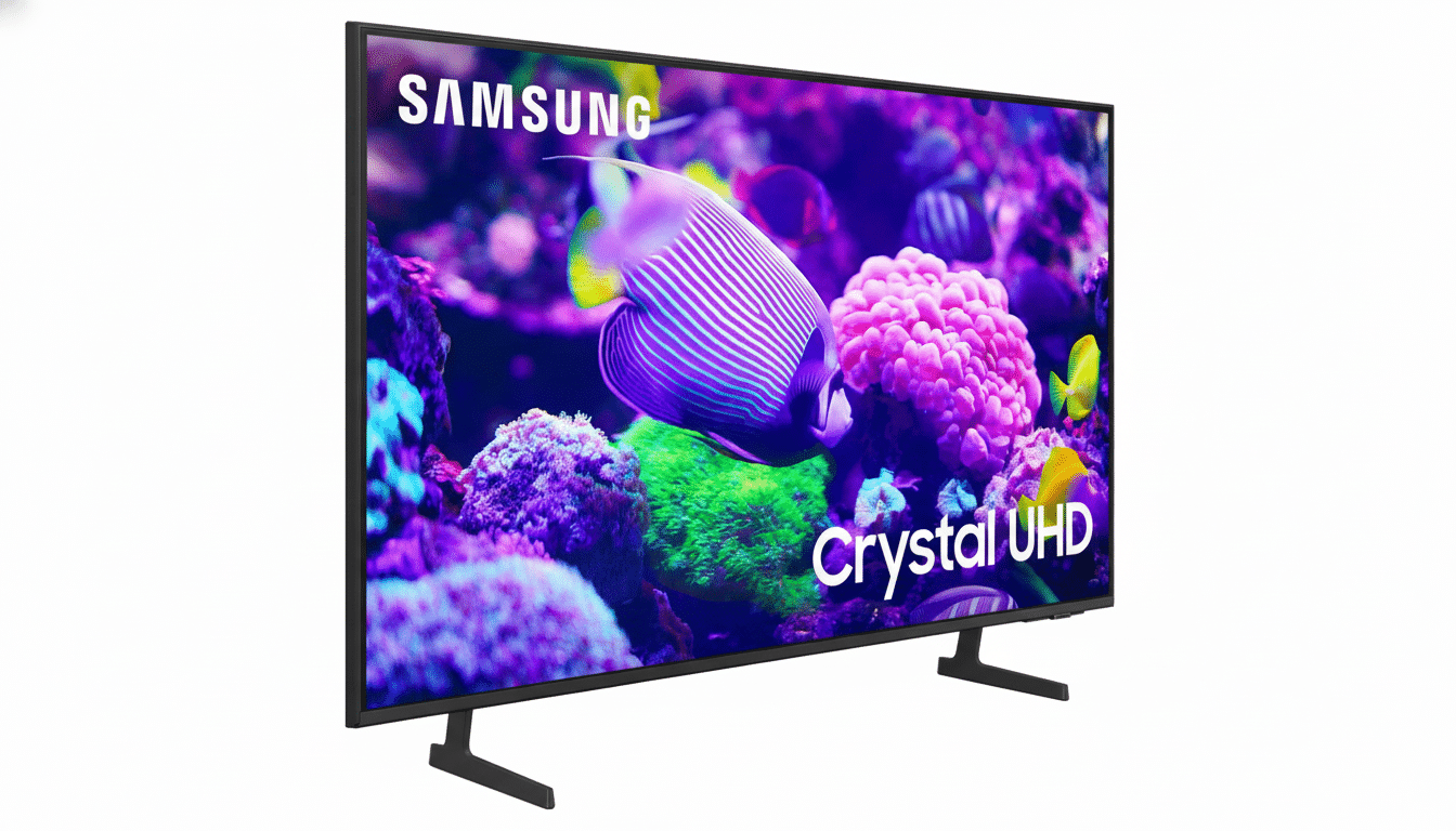 A professional , enhanced image of a Samsung Crystal UHD television , with a vibrant aquarium scene displayed on its screen, set against a clean white background.