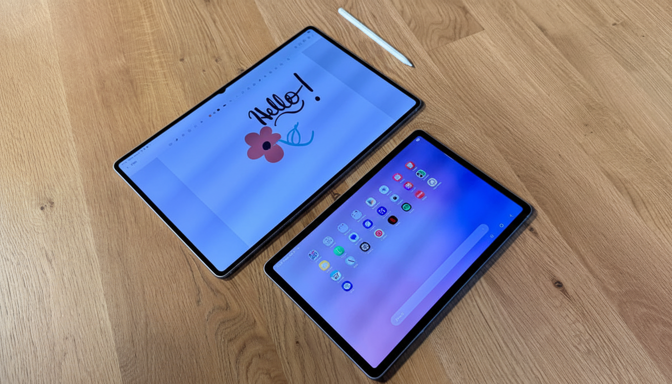 Two tablets on a wooden surface, one displaying Hello! and a flower, the other showing app icons, with a stylus nearby.