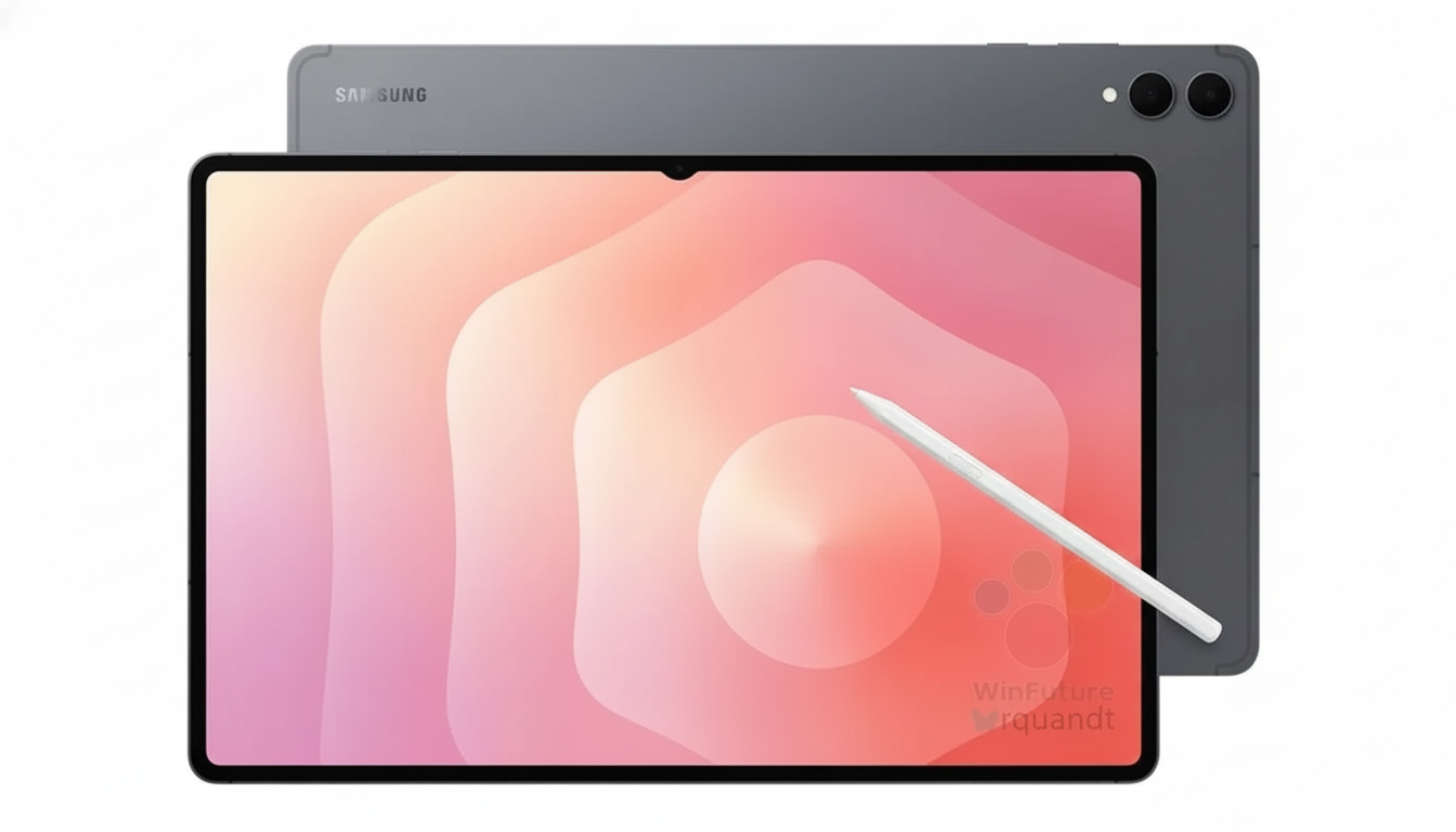 A professional image of a dark gray Samsung tablet with a white S Pen, set against a clean white background. The tablet s screen displays a vibrant ab