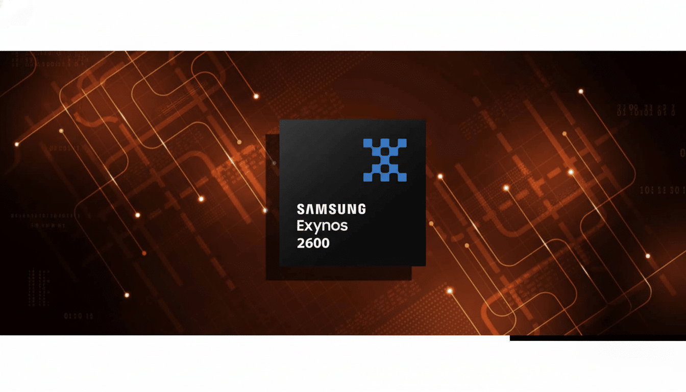 The Samsung Exynos 2600 logo is displayed on a dark chip against a professional background with circuit board patterns. Filename : samsungex ynos26 00chip .png