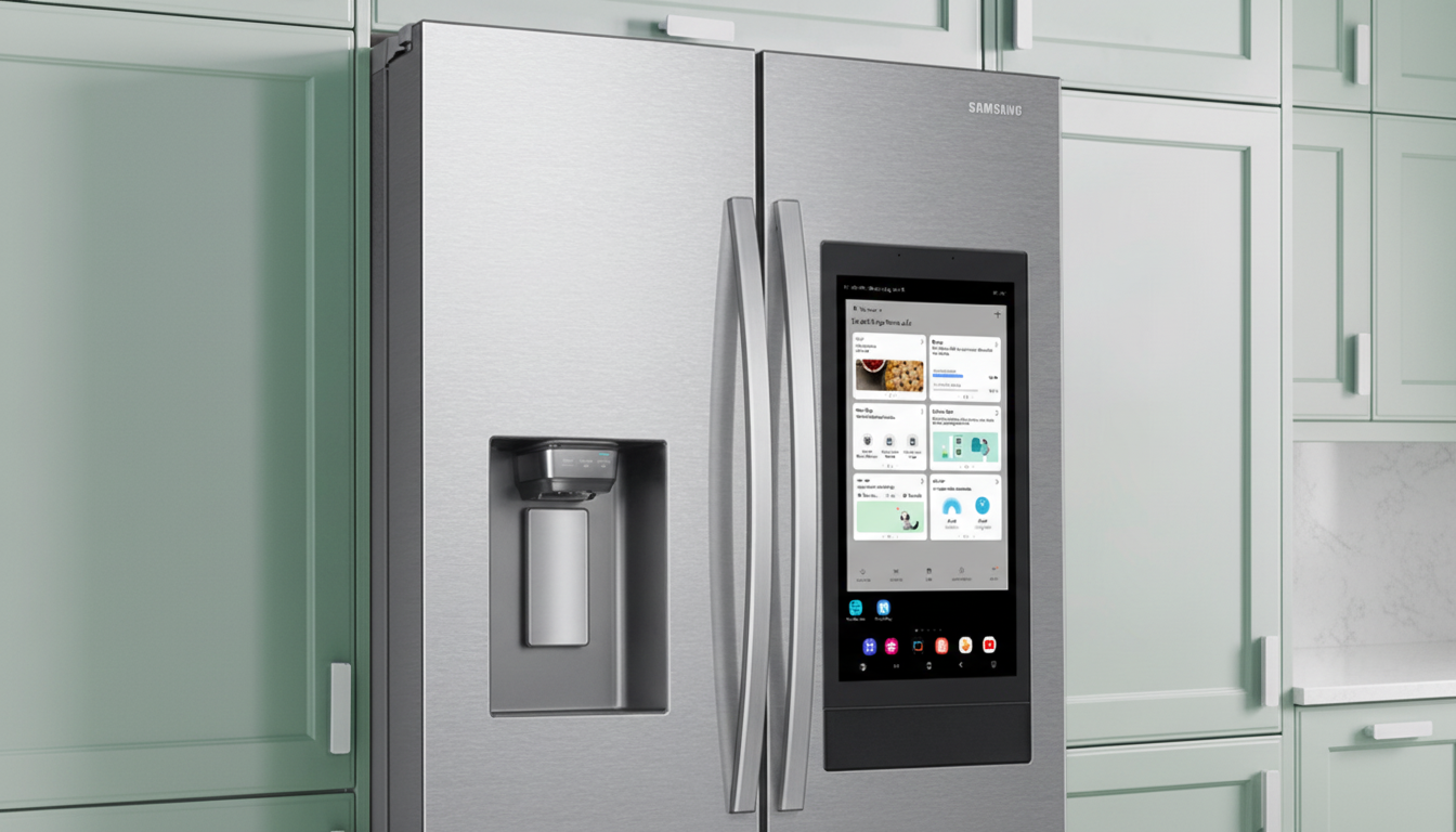 A stainless steel Samsung smart refrigerator with a large touchscreen display on the right door, showing various app widgets. The refrigerator has a water and ice dispenser on the left door. The background features light green kitchen cabinets.