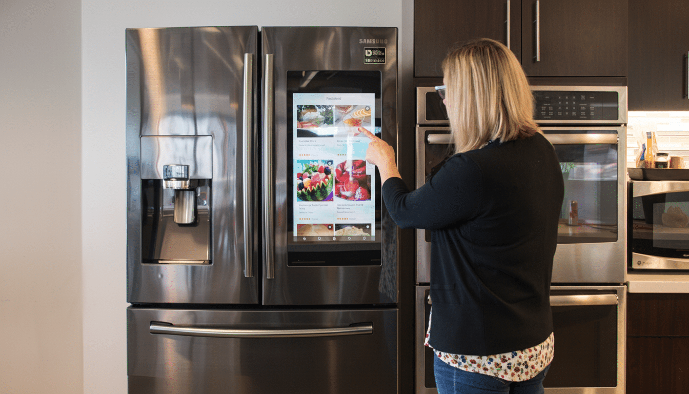 A woman interacts with the screen of a Samsung Family Hub refrigerator in a kitchen setting.