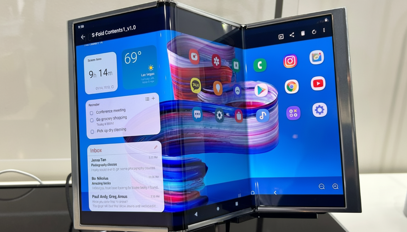 A foldable smartphone with a flexible screen displaying a home screen with app icons and widgets.