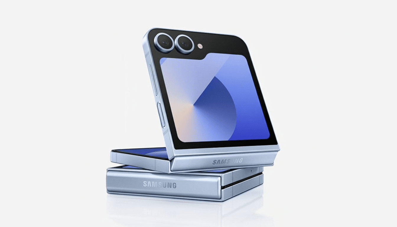 A professional shot of a silver Samsung foldable smartphone, slightly open and displaying a blue and purple abstract image on its screen, set against a clean white background.