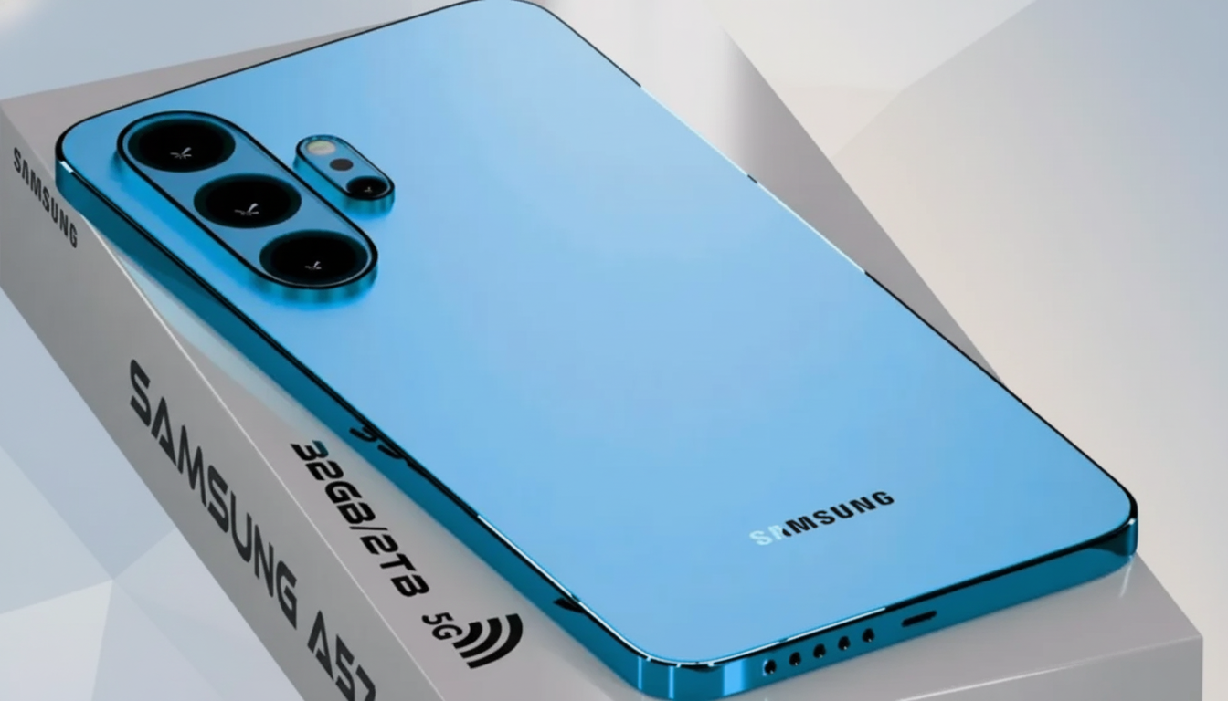 A blue Samsung smartphone with multiple cameras on the back, resting on its packaging.