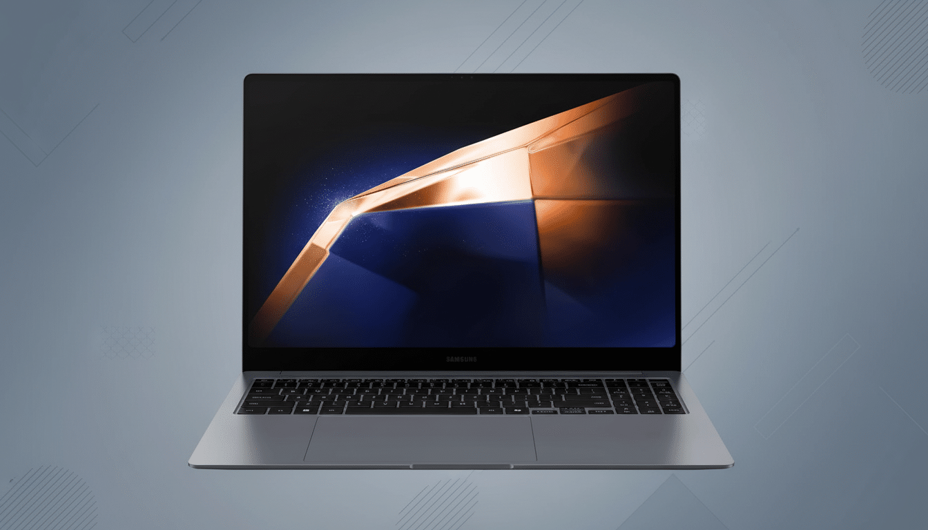 A professional shot of a silver Samsung laptop with its screen displaying an abstract blue and gold design , set against a modern grey background with subtle geometric patterns.