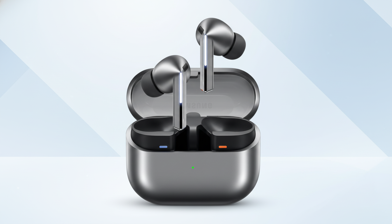 A pair of metallic gray wireless earbuds in their open charging case, presented on a professional flat design background with soft blue and white patterns.