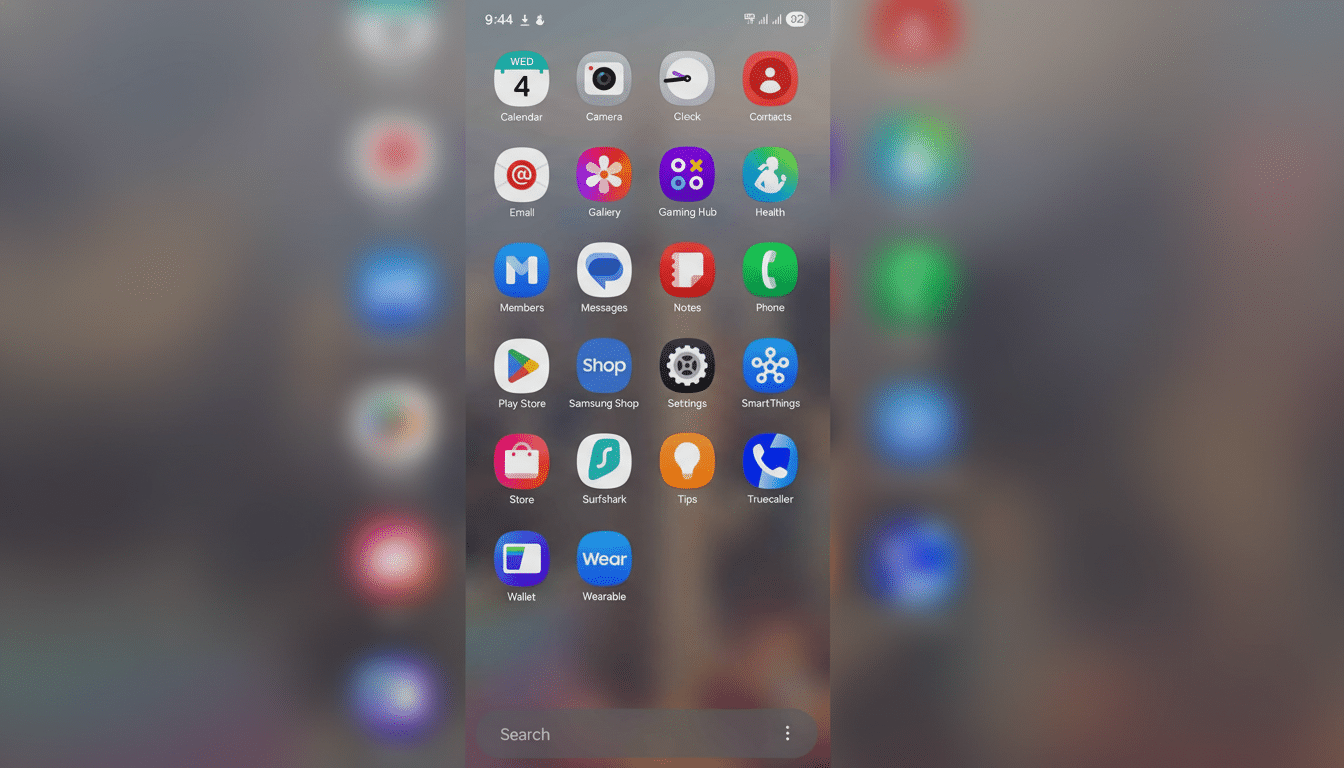 A smartphone screen displaying a grid of various app icons, including Calendar , Camera, Clock , Contacts, Email , Gallery, Gaming Hub, Health, Members, Messages, Notes, Phone, Play Store, Samsung Shop, Settings, SmartThings, Store , Surfshark, Tips, Truecaller , Wallet, and Wear. A search bar is visible at the bottom.