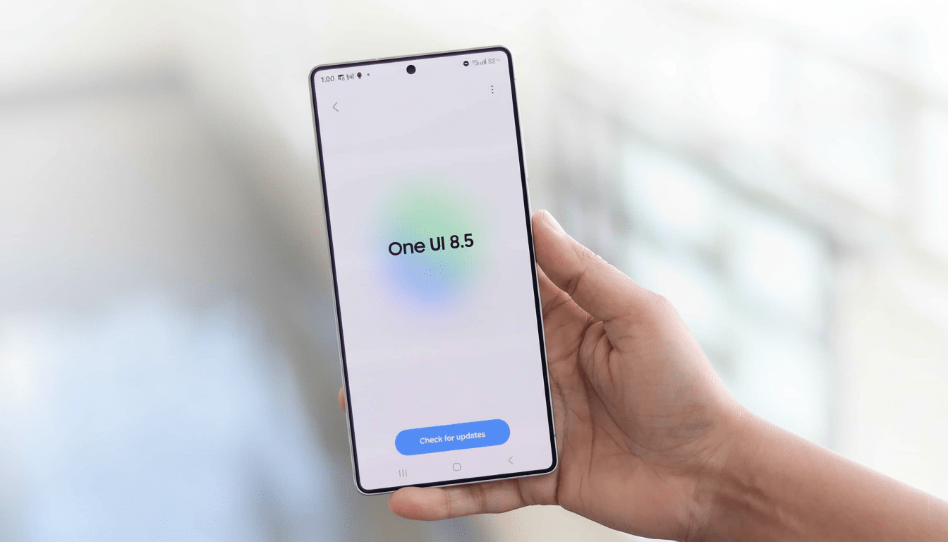 A hand holding a smartphone displaying One UI 8 .5 and a Check for updates button on screen , with a blurred background. Filename : smartphone oneui 85 update . png