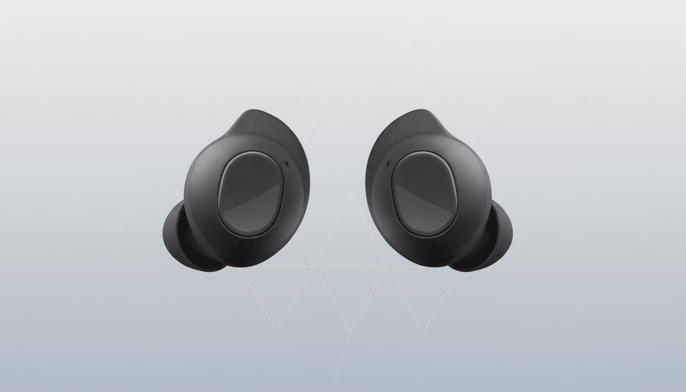 A pair of dark gray wireless earbuds presented on a light gray background with a subtle geometric pattern.