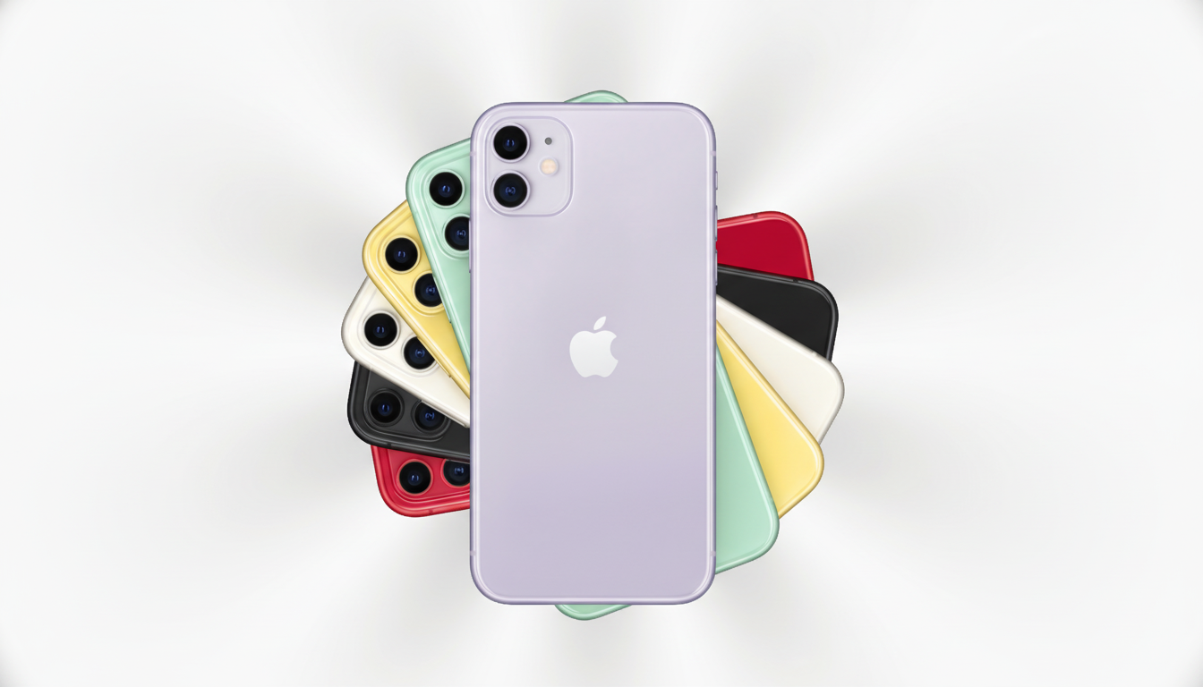A collection of colorful iPhone 11 models fanned out, with a lavender iPhone prominently displayed in the center, all against a subtle gradient background.