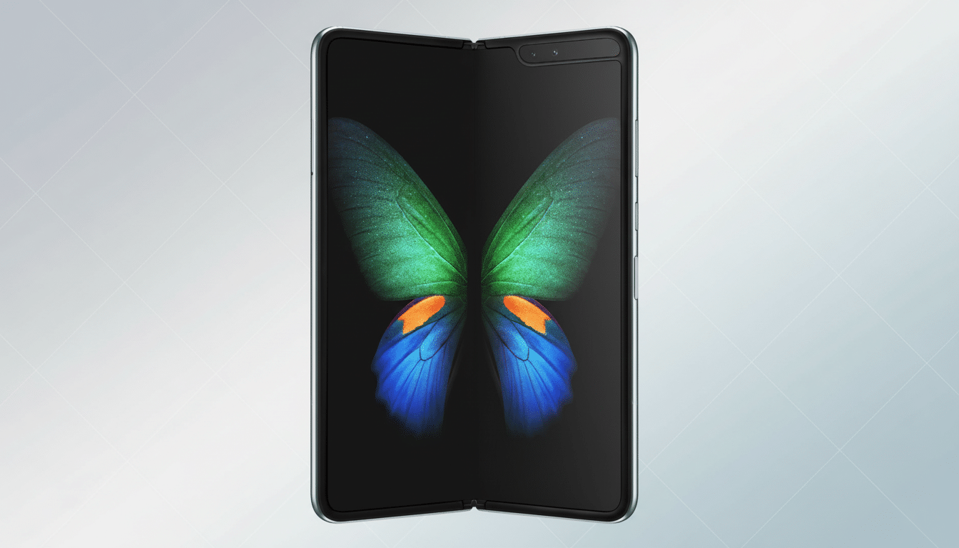 A Samsung Galaxy Fold smartphone, partially folded , displaying a butterfly image on its screen, set against a professional soft grey background with subtle geometric patterns.