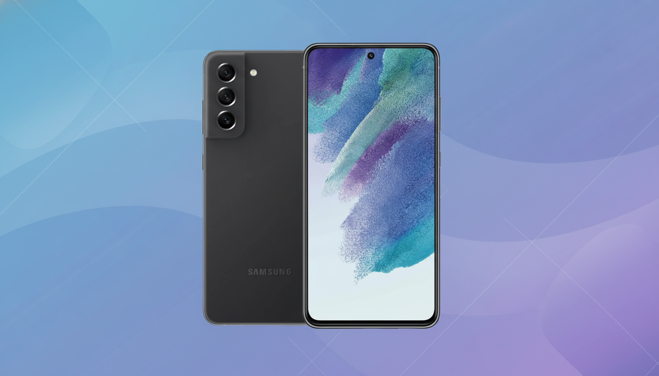 A dark gray Samsung smartphone shown from the front and back, presented on a professional flat design background with soft blue and purple gradients.