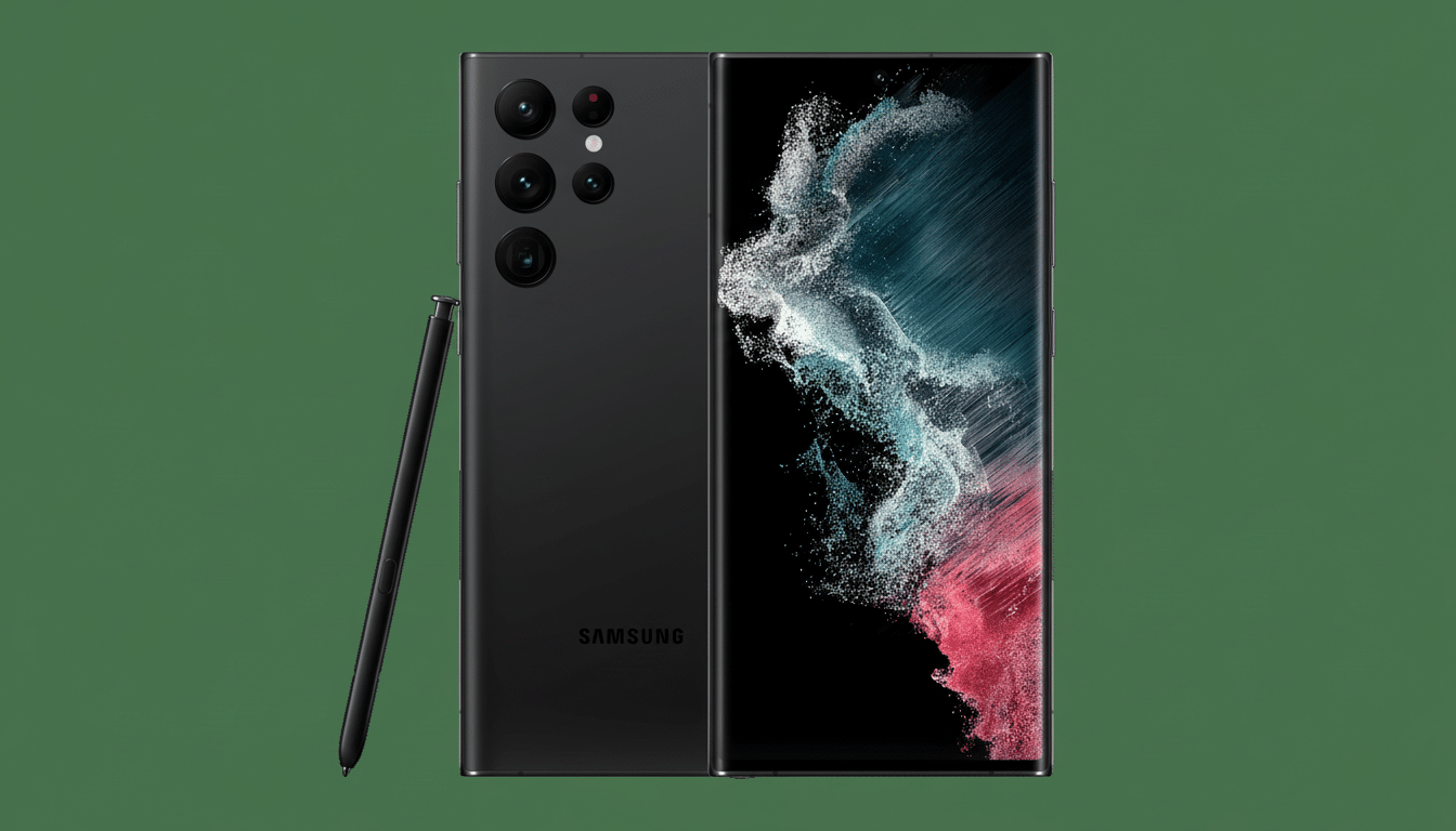 : A black Samsung Galaxy S 22 Ultra smartphone with its S Pen stylus, shown from the front and back