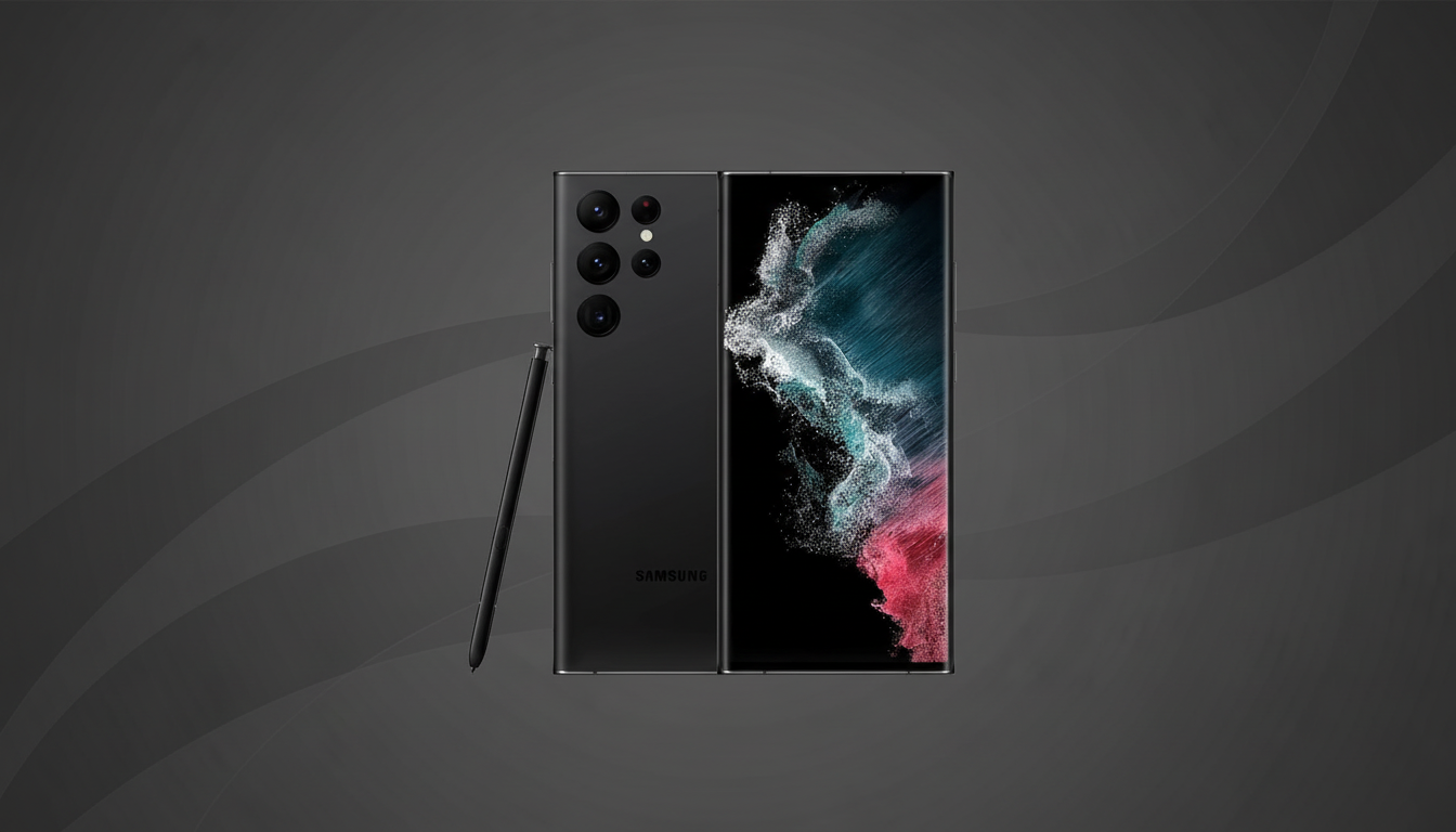 A black Samsung Galaxy S22 Ultra smartphone with its S Pen stylus, presented on a professional dark gray background with subtle wave patterns.