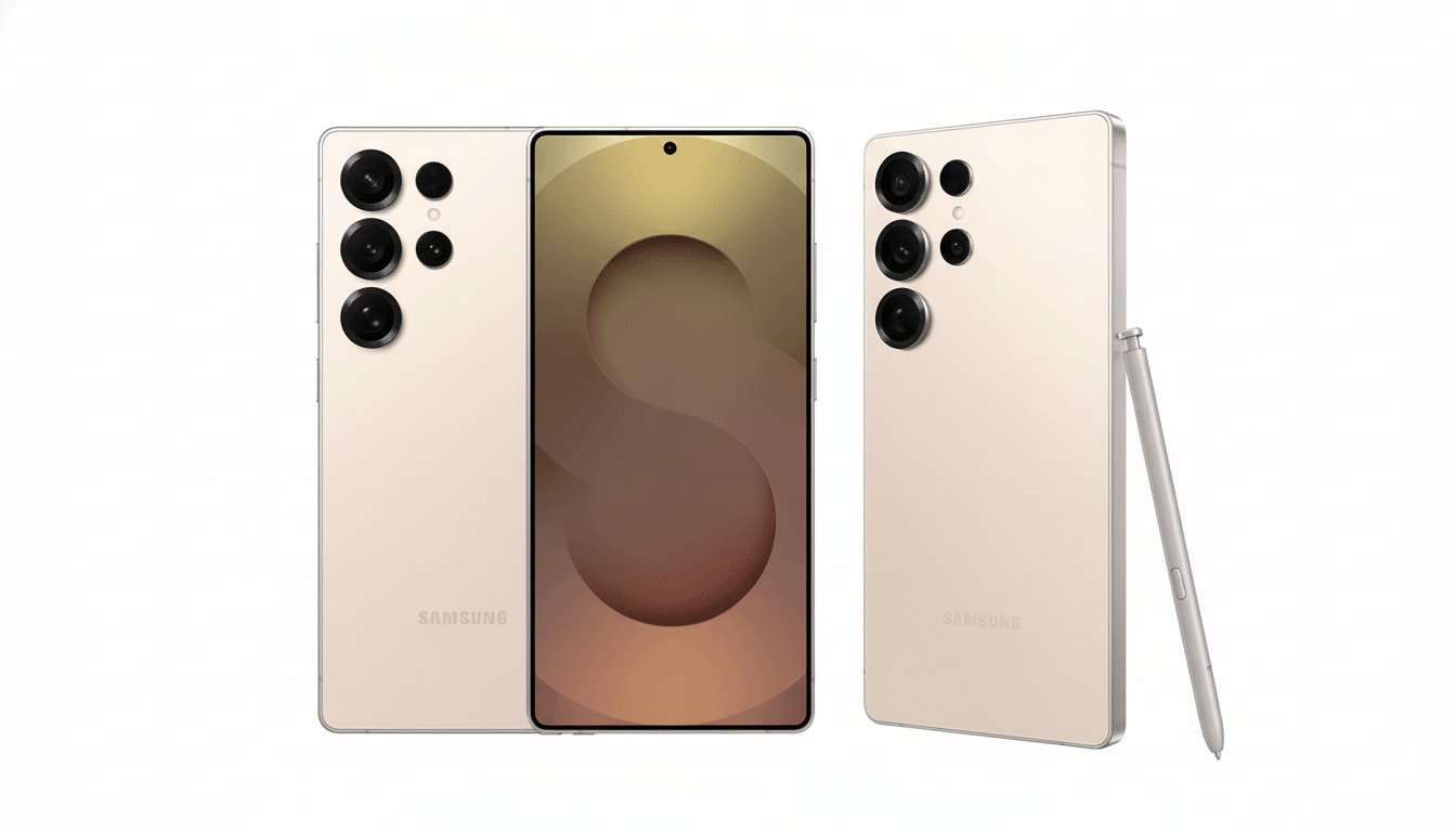 Three beige Samsung Galaxy S2 3 Ultra phones and a stylus, presented professionally against a white background. One phone shows its screen, another it