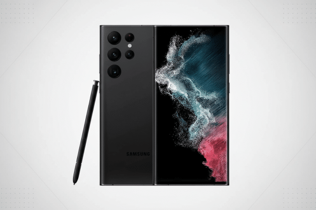 Samsung Galaxy S23 Ultra in black, displayed front and back with an S Pen , on a professional flat design background with a soft gradient and subtle geometric patterns. Filename : samsunggalaxy s23 ultraprofessional display .png