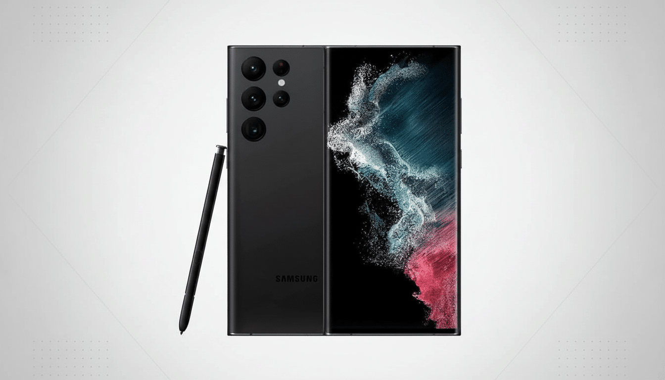 Samsung Galaxy S23 Ultra in black, displayed front and back with an S Pen , on a professional flat design background with a soft gradient and subtle geometric patterns. Filename : samsunggalaxy s23 ultraprofessional display .png