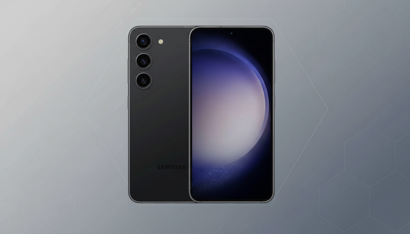 A black Samsung smartphone, showing both the front and back, presented on a professional flat design background with soft gray patterns.