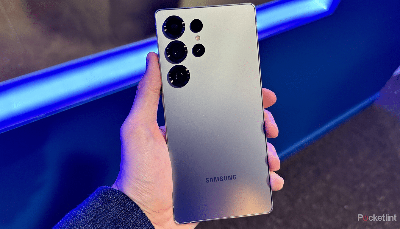 A hand holding a silver Samsung smartphone, showing its rear camera array and logo, with a blue background.