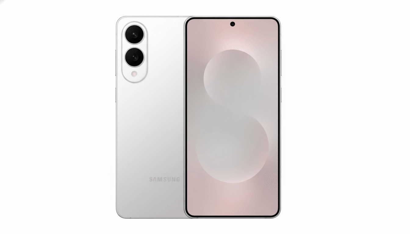 A white Samsung smartphone , viewed from the front and back, with the screen displaying a soft, light pink and white circular pattern. The background is a clean white .