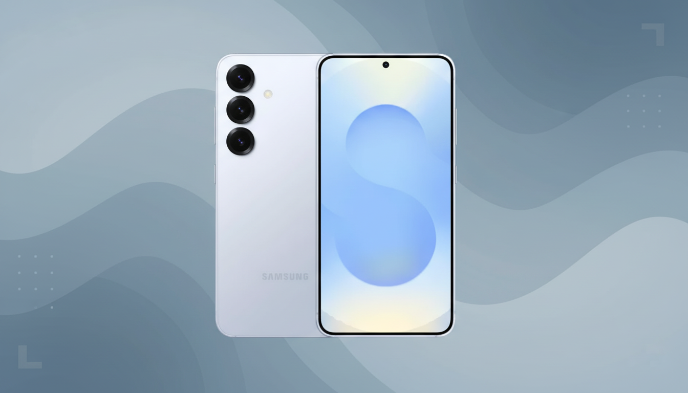 A light purple Samsung smartphone is presented against a professional flat design background with soft, undulating gray patterns and subtle geometric accents in the corners. The phones screen displays a light blue abstract design.