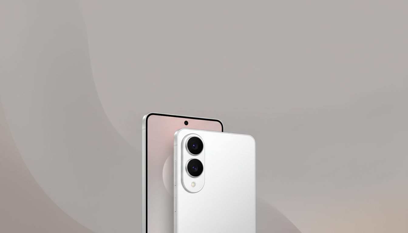 A white smartphone with a dual camera setup on the back is positioned in front of another smartphone, partially visible, against a soft gray background with subtle, wavy patterns.