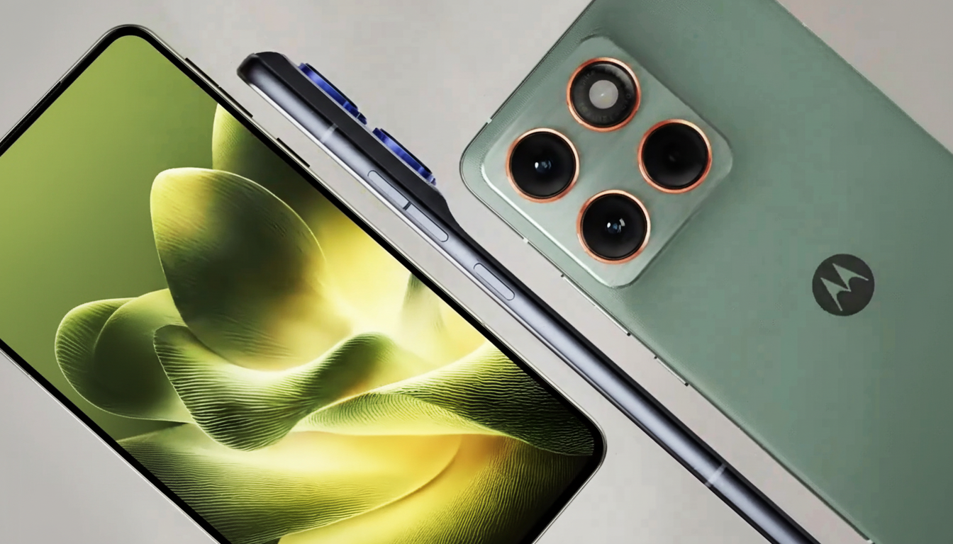 A green smartphone with a prominent camera array and a screen displaying a green abstract design, presented in a 16:9 aspect ratio.