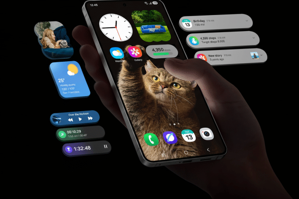 A hand holding a smartphone displaying a cat on the screen , surrounded by various app widgets and notifications on a dark background.