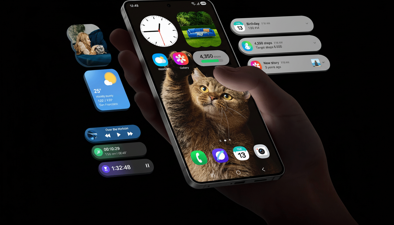 A hand holding a smartphone displaying a cat on the screen , surrounded by various app widgets and notifications on a dark background.