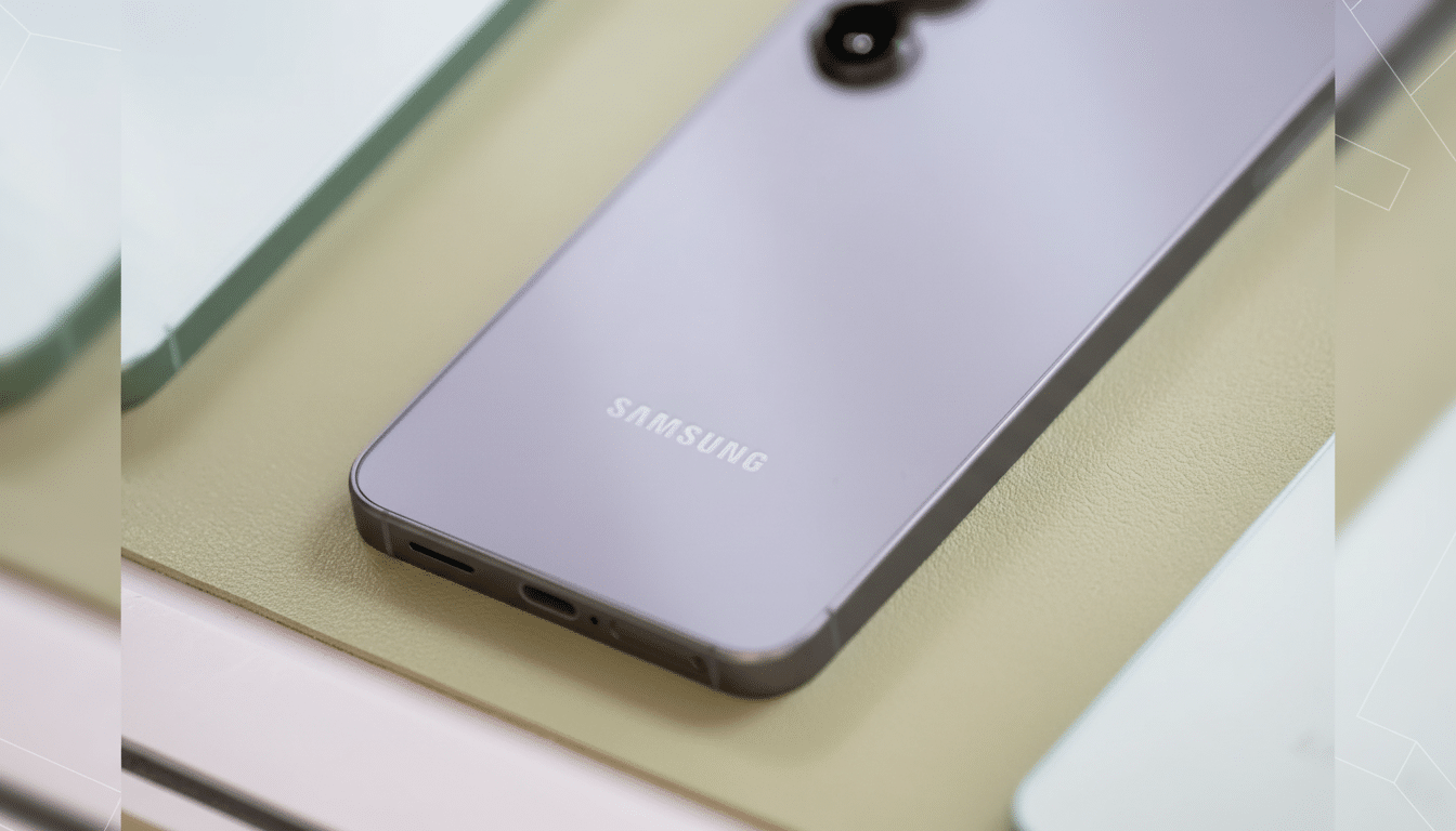 Close -up of the back of a light purple Samsung smartphone , showing the SAMSUNG logo and the charging port, with a soft patterned background. Filename : samsungsmartphone back . png