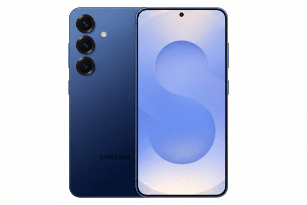 A blue Samsung smartphone displayed at a 16 :9 aspect ratio , showing the front and back , on a white background.