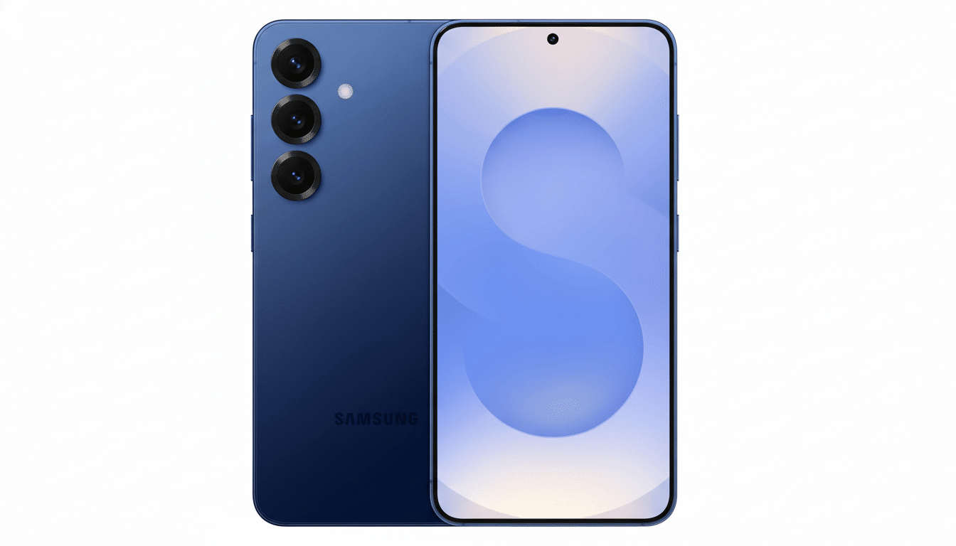 A blue Samsung smartphone displayed at a 16 :9 aspect ratio , showing the front and back , on a white background.