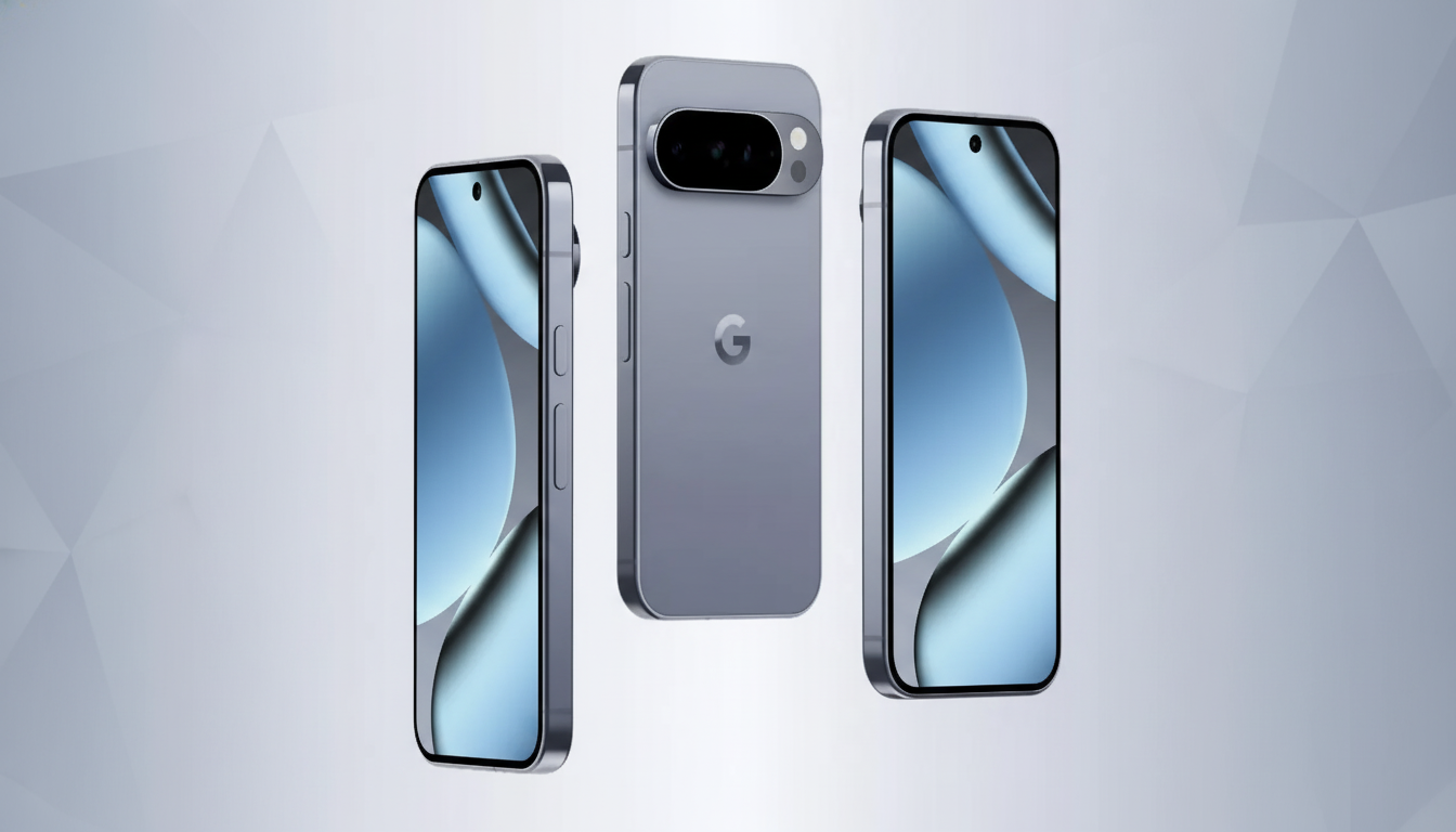 Three grey smartphones are displayed against a light grey background with subtle geometric patterns. Two phones are shown from the front, displaying a blue and grey abstract wallpaper, while the third phone is shown from the back, featuring a prominent camera bar and the Google G logo.