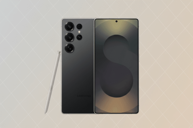 A modern dark grey smartphone with a stylus next to it , presented on a light grey and beige gradient background with a subtle geometric pattern. The phone' s screen displays an abstract wallpaper with circular shapes and varying shades of brown and dark grey.