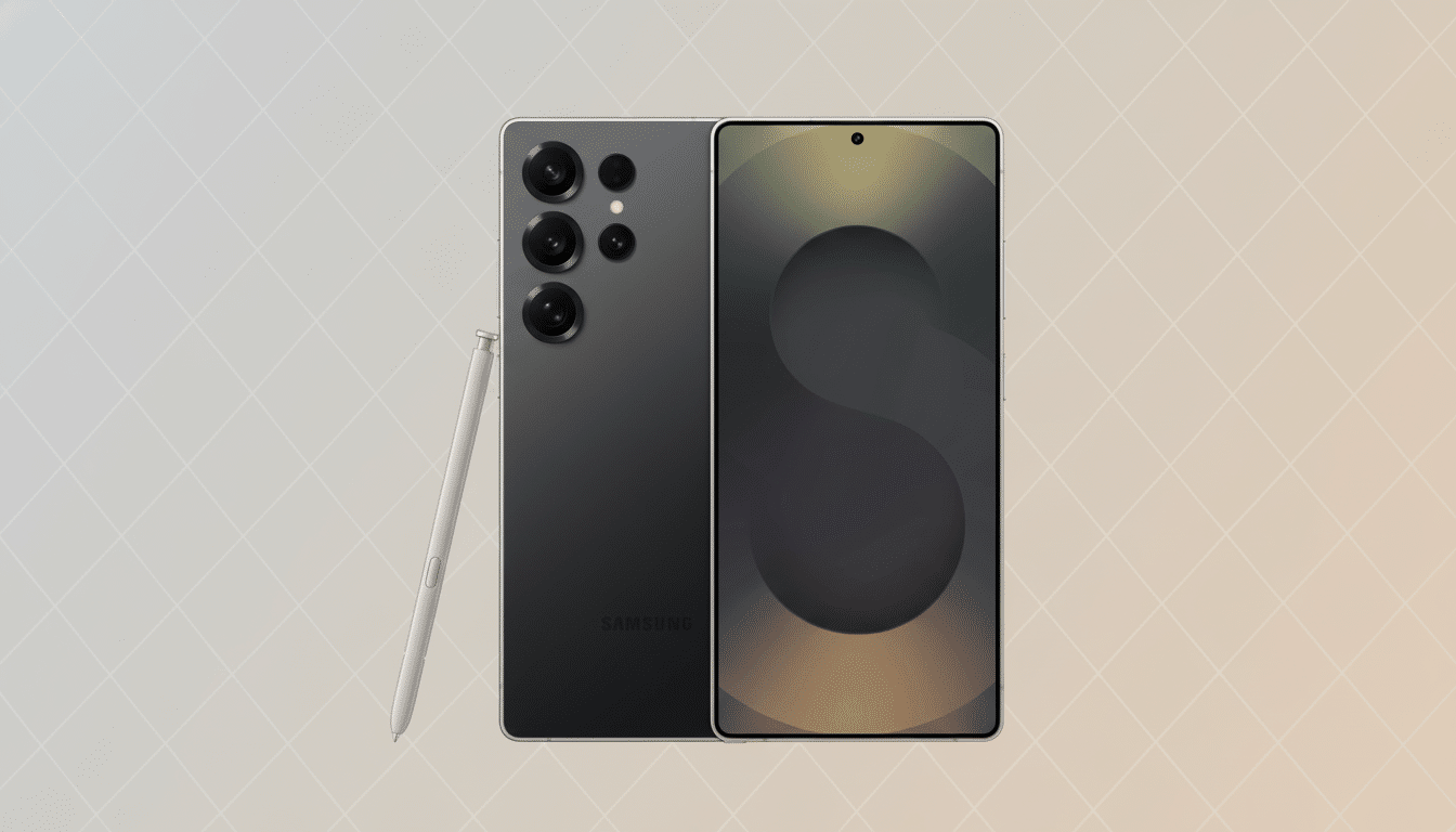 A modern dark grey smartphone with a stylus next to it , presented on a light grey and beige gradient background with a subtle geometric pattern. The phone' s screen displays an abstract wallpaper with circular shapes and varying shades of brown and dark grey.