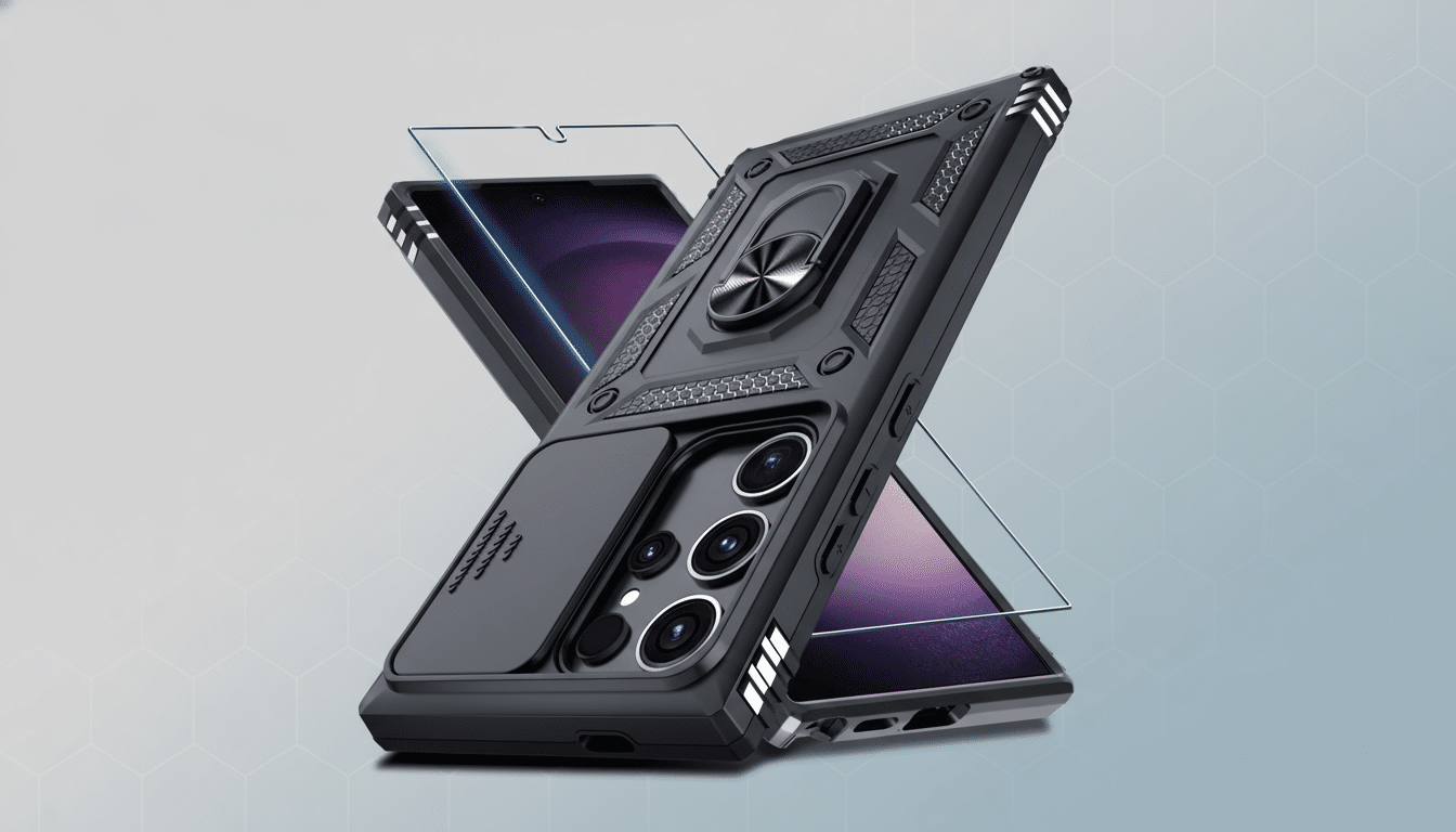 A black phone case with a metal ring stand and camera lens protector , accompanied by a screen protector, displayed against a light grey background with a subtle hexagonal pattern.