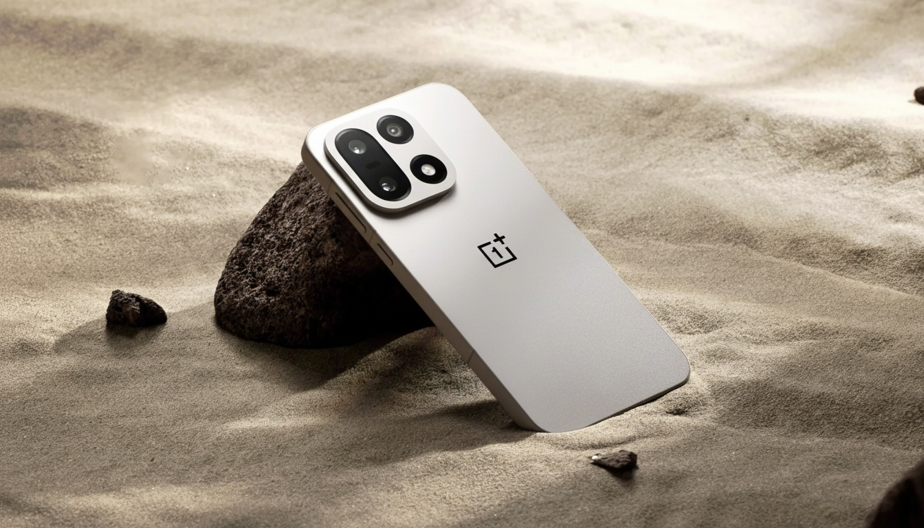A white smartphone with a black camera module and the OnePlus logo on its back, resting against a dark rock on a sandy surface.
