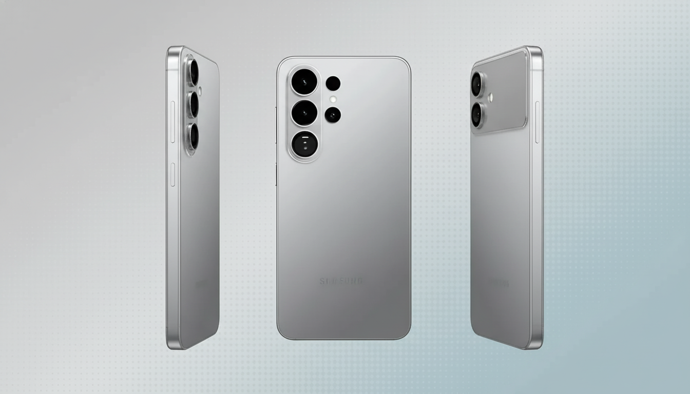 Three silver Samsung smartphones are displayed against a professional flat design background with soft patterns and gradients. The phones are shown from different angles: one from the left side, one from the back, and one from the right side. The camera lenses are visible on the back of each phone.